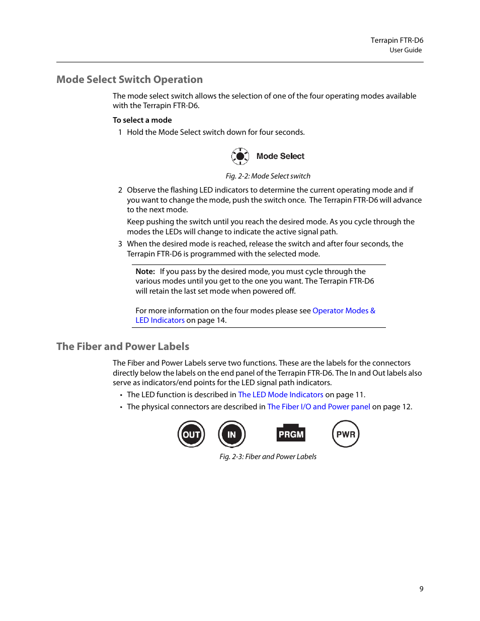 Mode select switch operation, The fiber and power labels | Grass Valley Terrapin FTR-D6 User Manual | Page 13 / 31