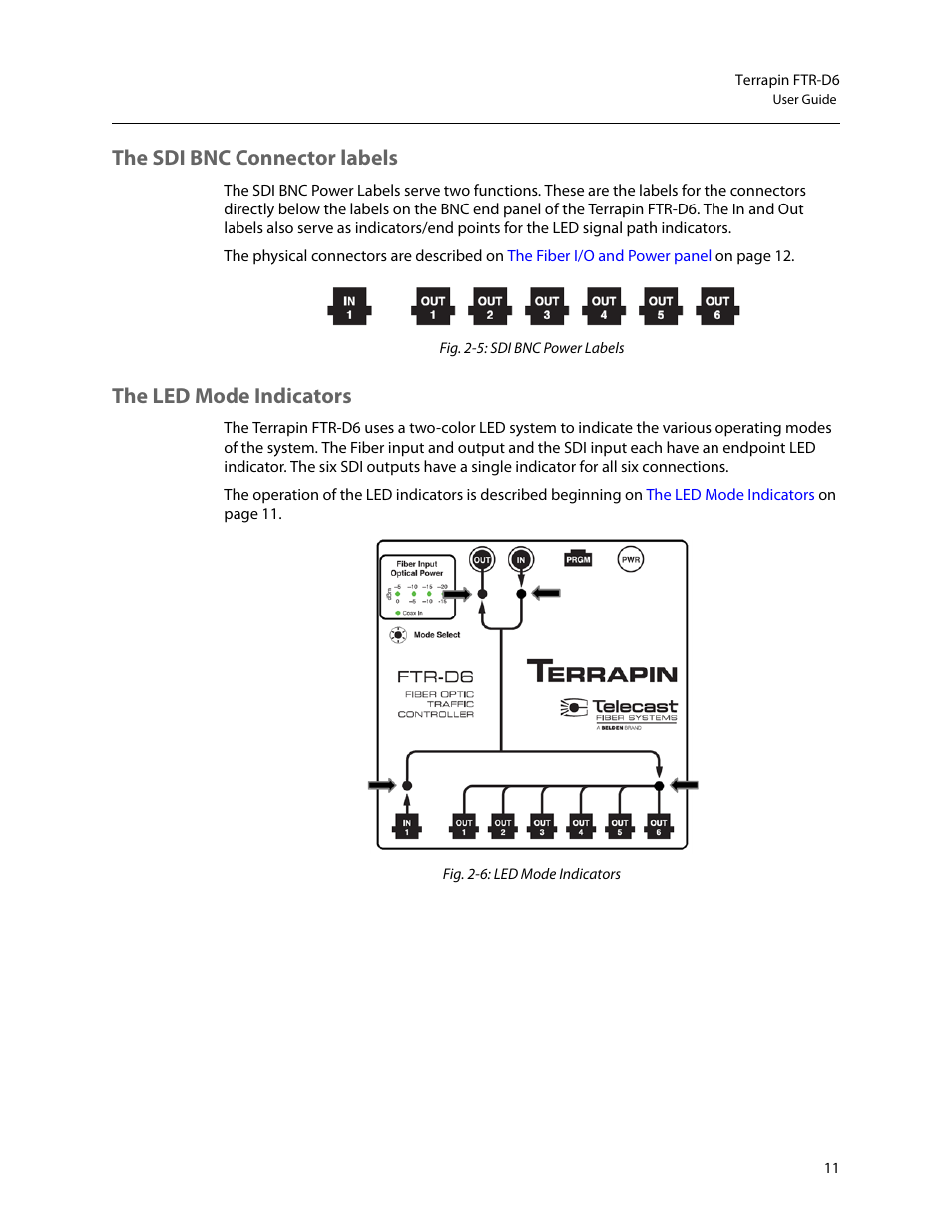 The sdi bnc connector labels, The led mode indicators | Grass Valley Terrapin FTR-D6 User Manual | Page 15 / 31