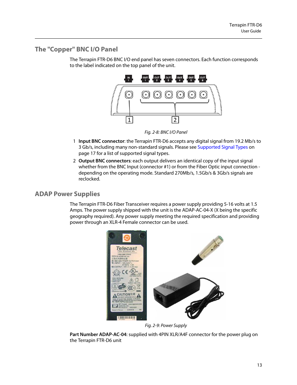 The "copper" bnc i/o panel adap power supplies, The "copper" bnc i/o panel, Adap power supplies | Grass Valley Terrapin FTR-D6 User Manual | Page 17 / 31
