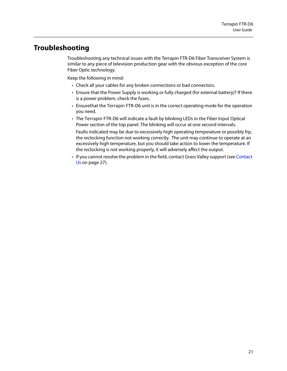Troubleshooting | Grass Valley Terrapin FTR-D6 User Manual | Page 25 / 31