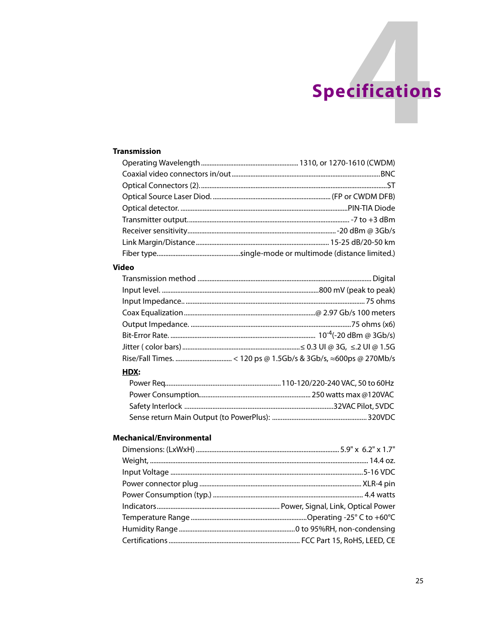 Specifications | Grass Valley Terrapin FTR-D6 User Manual | Page 29 / 31