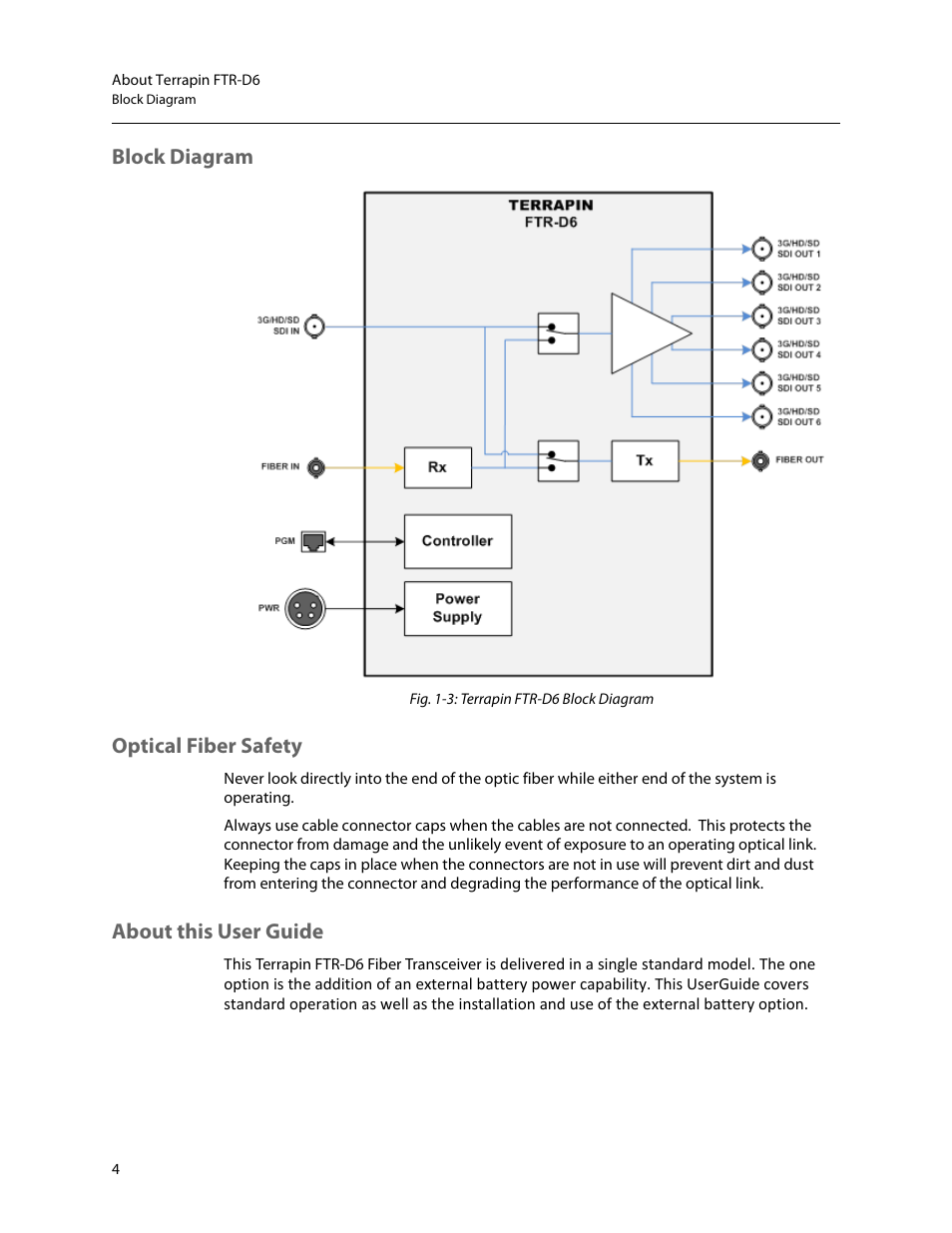 Block diagram, Optical fiber safety, About this user guide | Grass Valley Terrapin FTR-D6 User Manual | Page 8 / 31