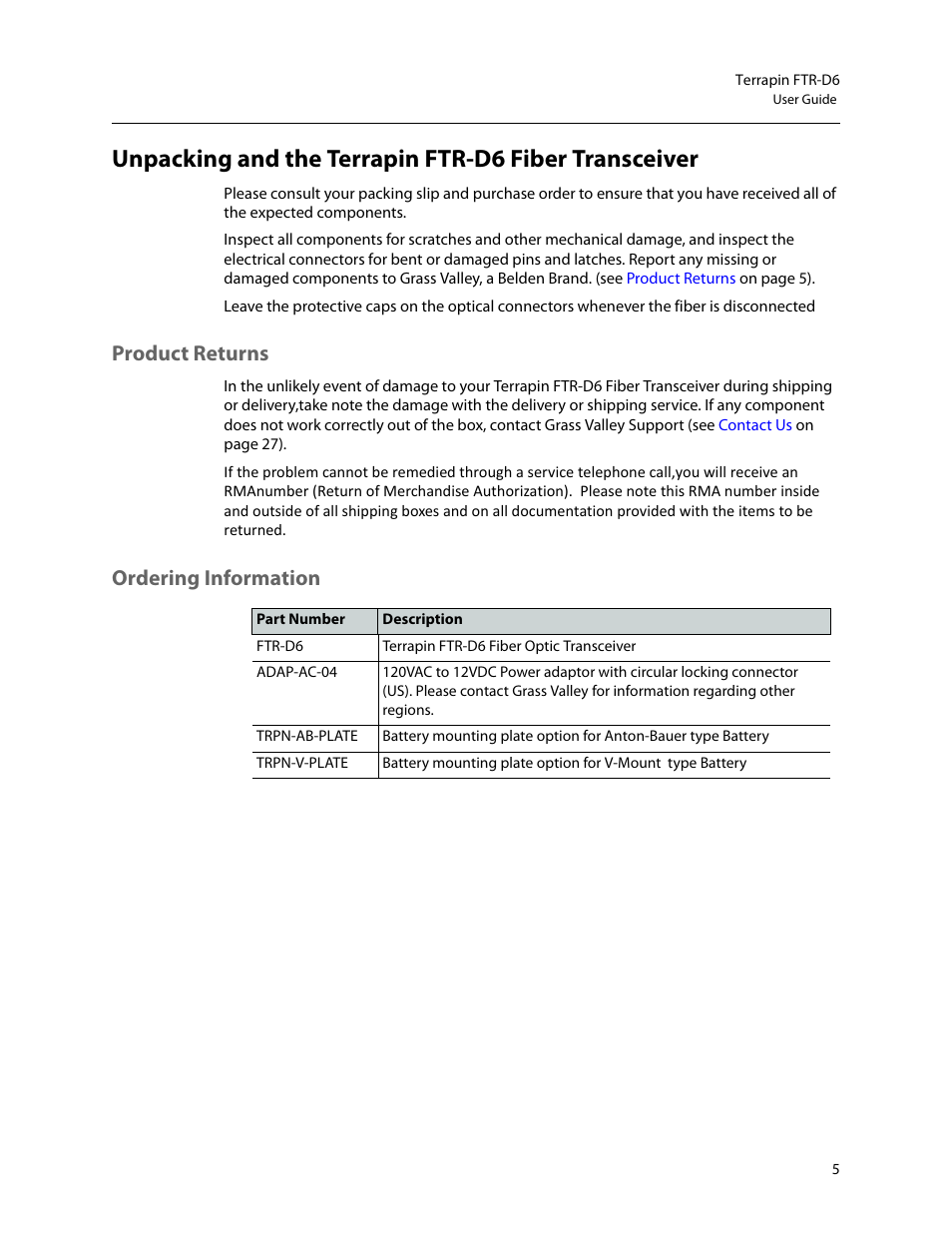 Product returns ordering information, Product returns, Ordering information | Grass Valley Terrapin FTR-D6 User Manual | Page 9 / 31