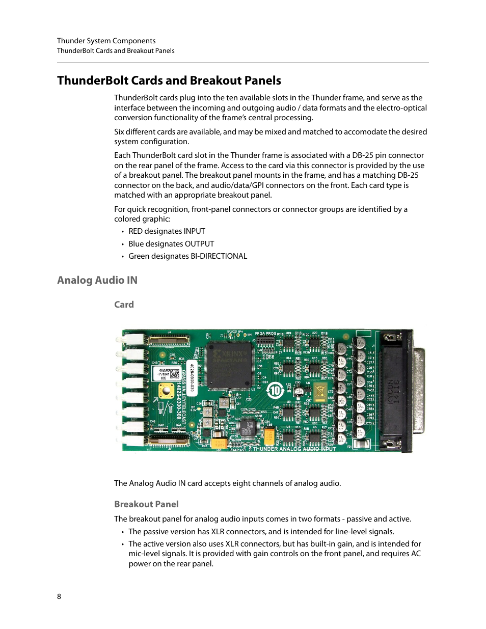 Thunderbolt cards and breakout panels, Analog audio in | Grass Valley Thunder 80 v.1.0 User Manual | Page 24 / 65