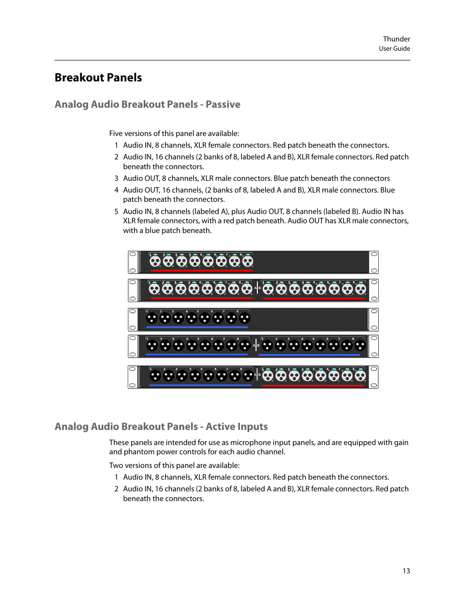 Breakout panels, Analog audio breakout panels - passive, Analog audio breakout panels - active inputs | Grass Valley Thunder 80 v.1.0 User Manual | Page 29 / 65