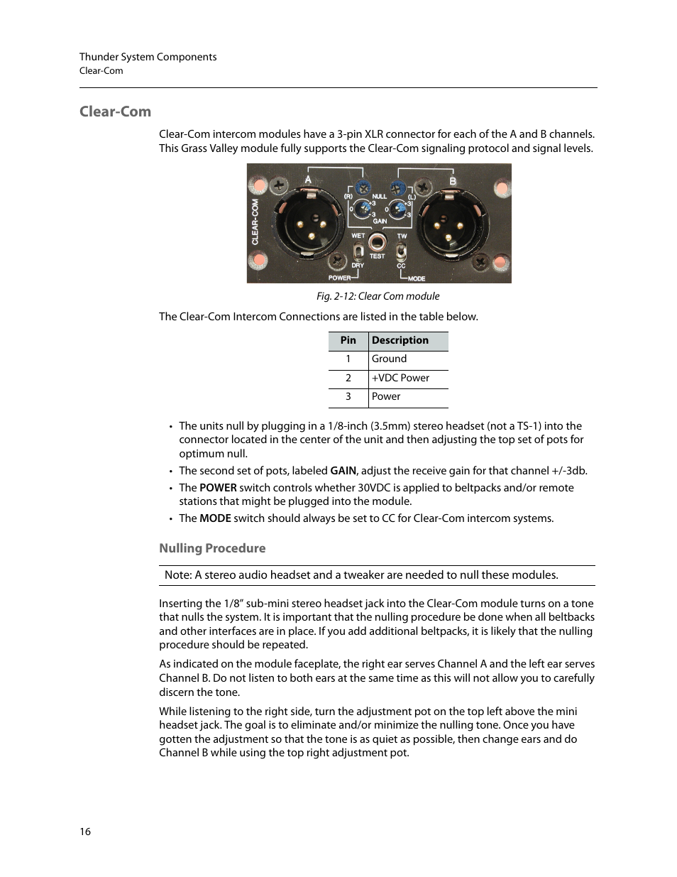Clear-com, Nulling procedure | Grass Valley Thunder 80 v.1.0 User Manual | Page 32 / 65