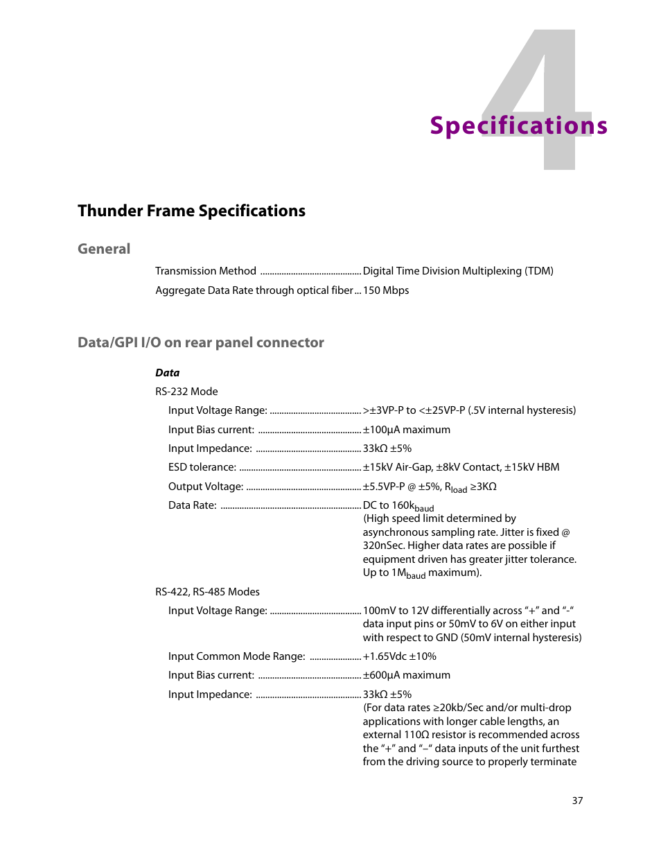 Specifications, General, 4 specifications | Thunder frame specifications, General data/gpi i/o on rear panel connector, Data/gpi i/o on rear panel connector | Grass Valley Thunder 80 v.1.0 User Manual | Page 53 / 65