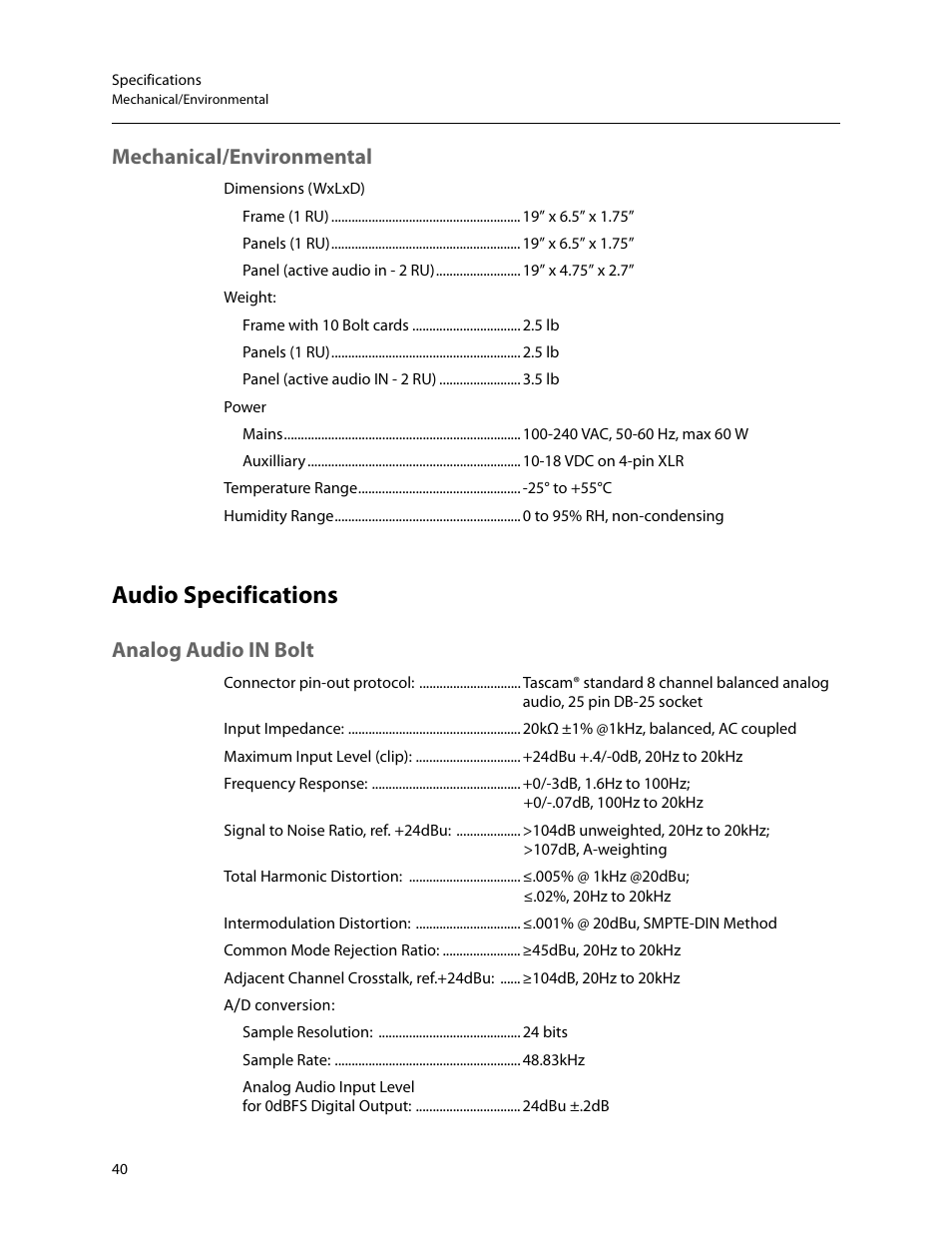 Mechanical/environmental, Audio specifications, Analog audio in bolt | Grass Valley Thunder 80 v.1.0 User Manual | Page 56 / 65