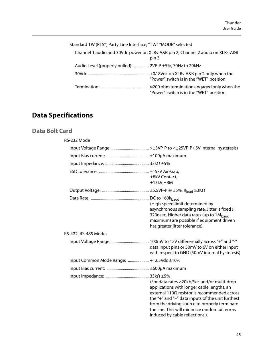 Data specifications, Data bolt card | Grass Valley Thunder 80 v.1.0 User Manual | Page 61 / 65