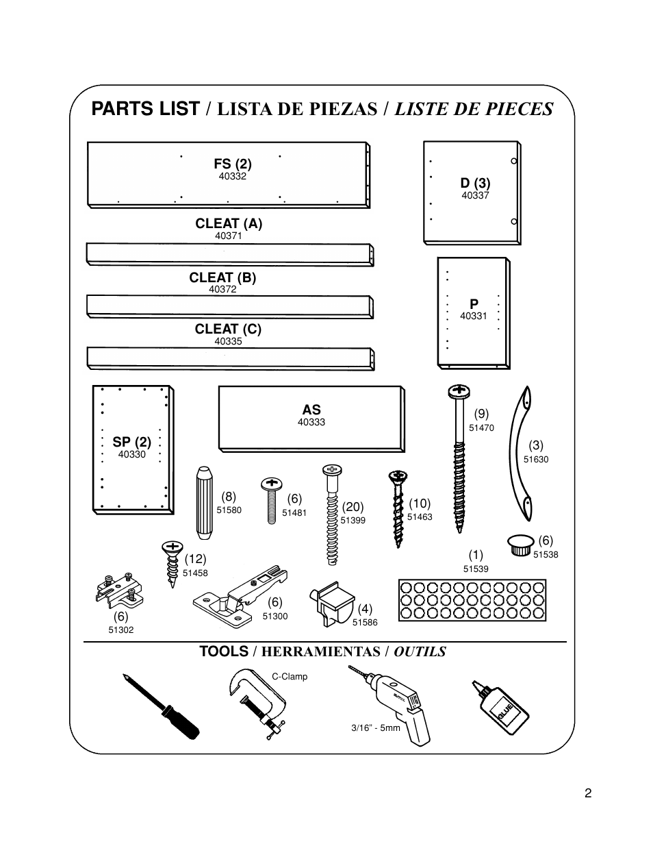 Parts list / lista de piezas / liste de pieces, Tools / herramientas / outils | Closet Maid 12347 User Manual | Page 2 / 10