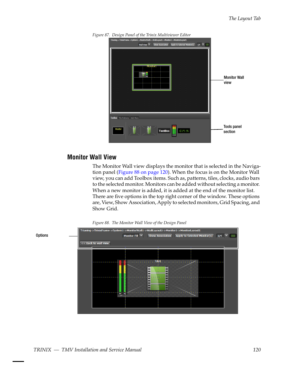 Monitor wall view, Ols panel section, Figure 87 | Grass Valley Trinix Multiviewer Installation User Manual | Page 120 / 223