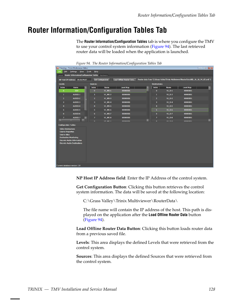 Router information/configuration tables tab | Grass Valley Trinix Multiviewer Installation User Manual | Page 128 / 223
