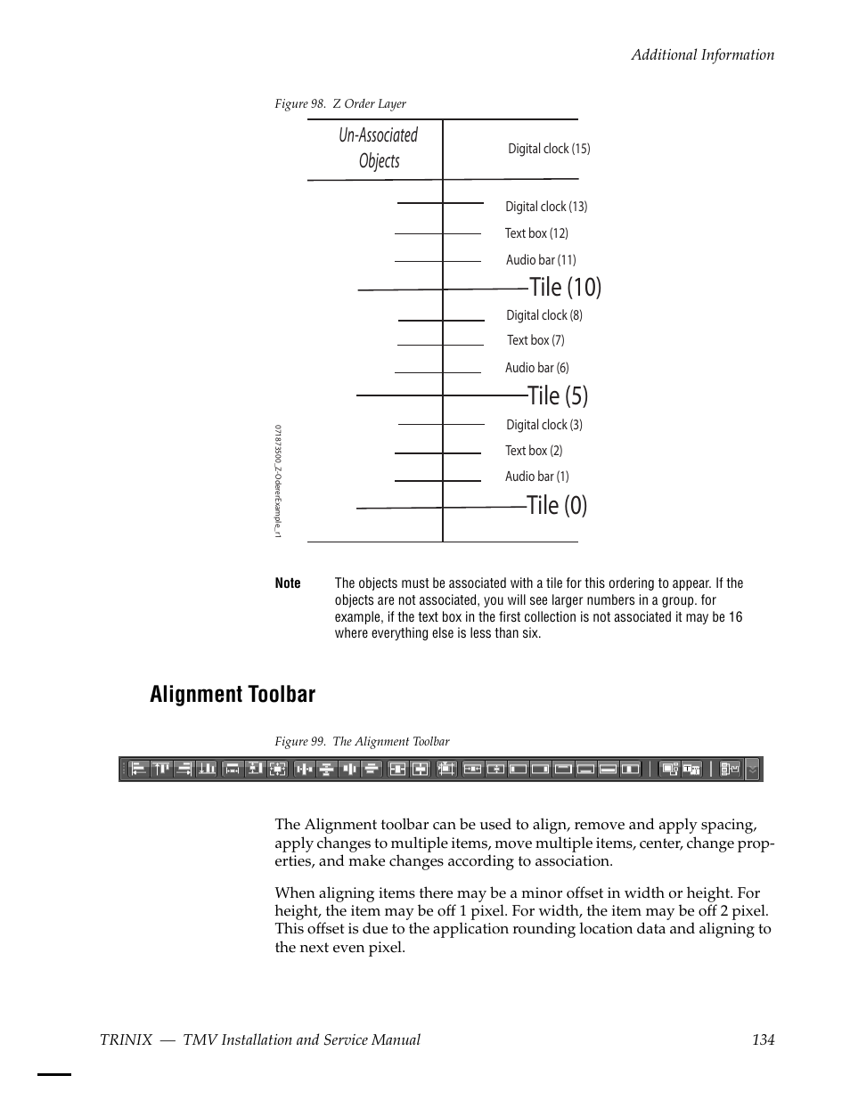 Alignment toolbar, Figure 98 on, Tile (0) tile (5) tile (10) | Un-associated objects | Grass Valley Trinix Multiviewer Installation User Manual | Page 134 / 223