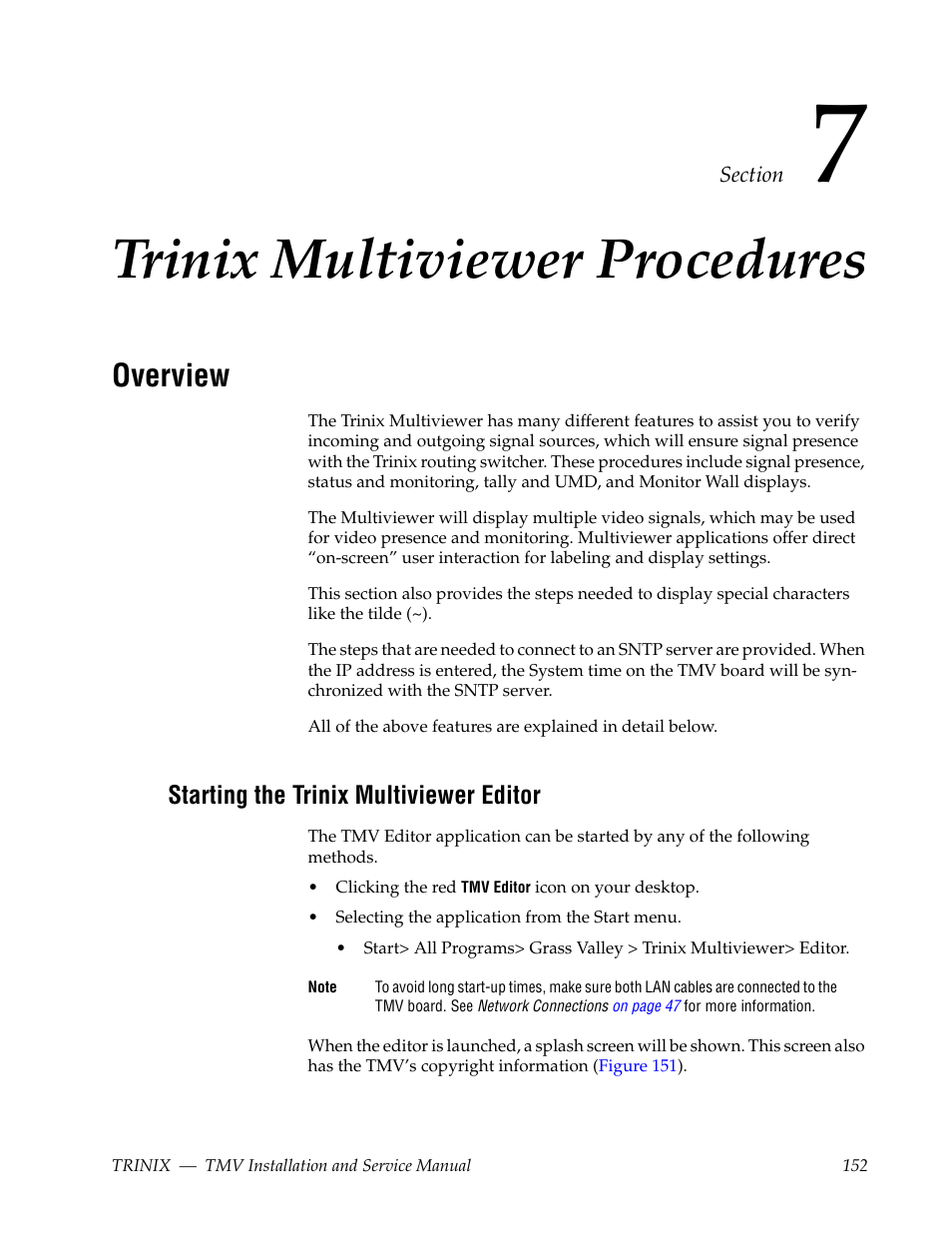 Trinix multiviewer procedures, Overview, Starting the trinix multiviewer editor | Section 7 — trinix multiviewer procedures, In trinix multiviewer procedures | Grass Valley Trinix Multiviewer Installation User Manual | Page 152 / 223