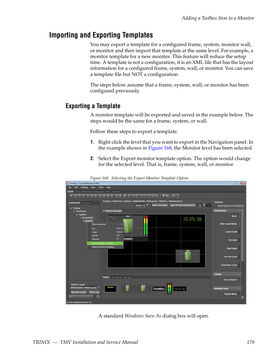 Importing and exporting templates, Exporting a template | Grass Valley Trinix Multiviewer Installation User Manual | Page 170 / 223