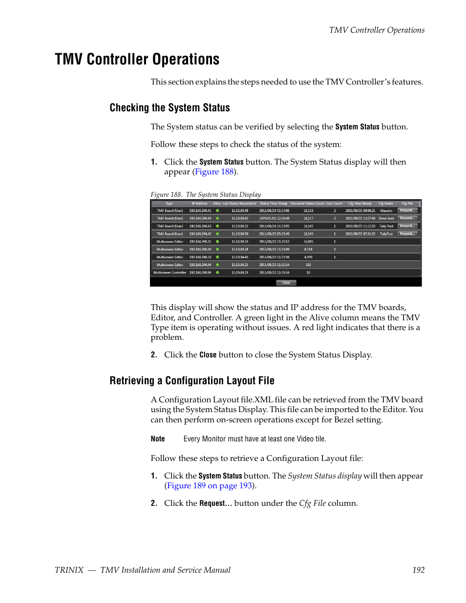 Tmv controller operations, Checking the system status, Retrieving a configuration layout file | Grass Valley Trinix Multiviewer Installation User Manual | Page 192 / 223
