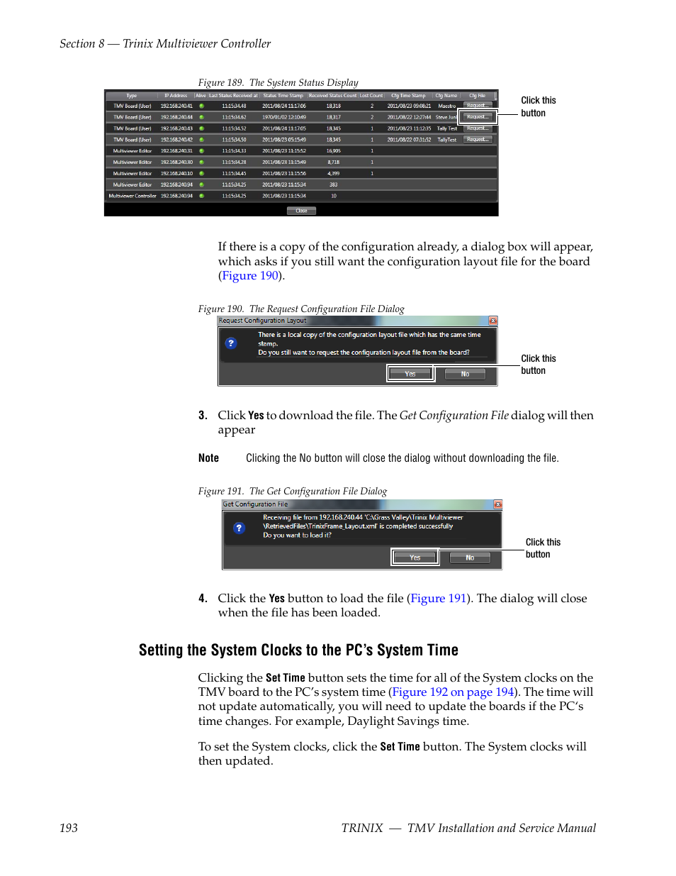 Setting the system clocks to the pc’s system time | Grass Valley Trinix Multiviewer Installation User Manual | Page 193 / 223