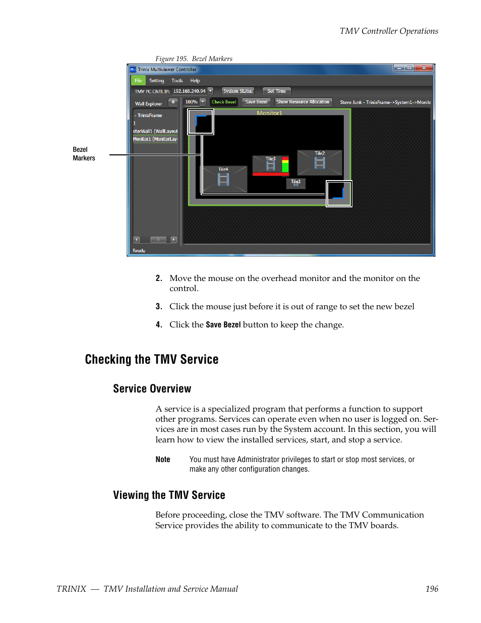 Checking the tmv service, Service overview, Viewing the tmv service | Grass Valley Trinix Multiviewer Installation User Manual | Page 196 / 223