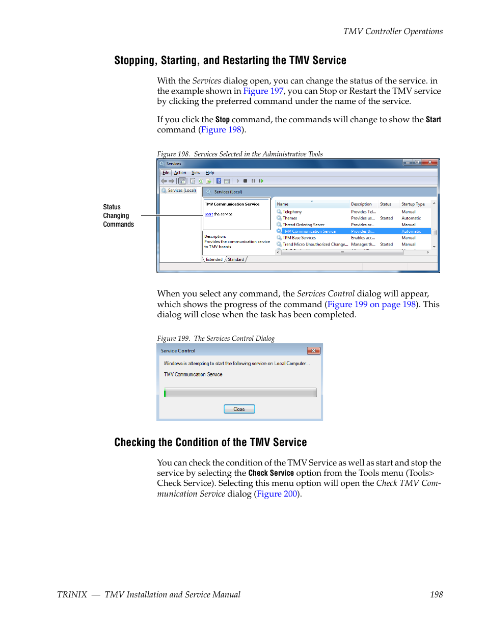 Stopping, starting, and restarting the tmv service, Checking the condition of the tmv service | Grass Valley Trinix Multiviewer Installation User Manual | Page 198 / 223