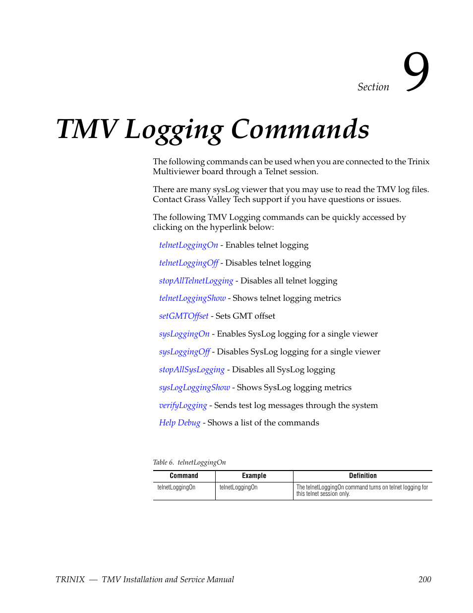 Tmv logging commands, Section 9 — tmv logging commands | Grass Valley Trinix Multiviewer Installation User Manual | Page 200 / 223