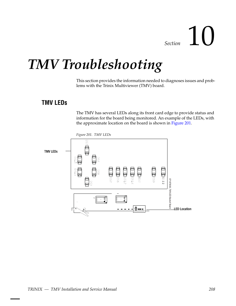 Tmv troubleshooting, Tmv leds, Section 10 — tmv troubleshooting | Grass Valley Trinix Multiviewer Installation User Manual | Page 208 / 223