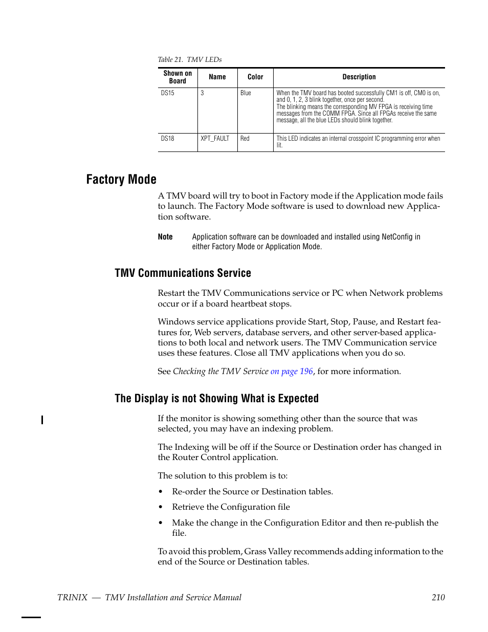 Factory mode, Tmv communications service, The display is not showing what is expected | Grass Valley Trinix Multiviewer Installation User Manual | Page 210 / 223