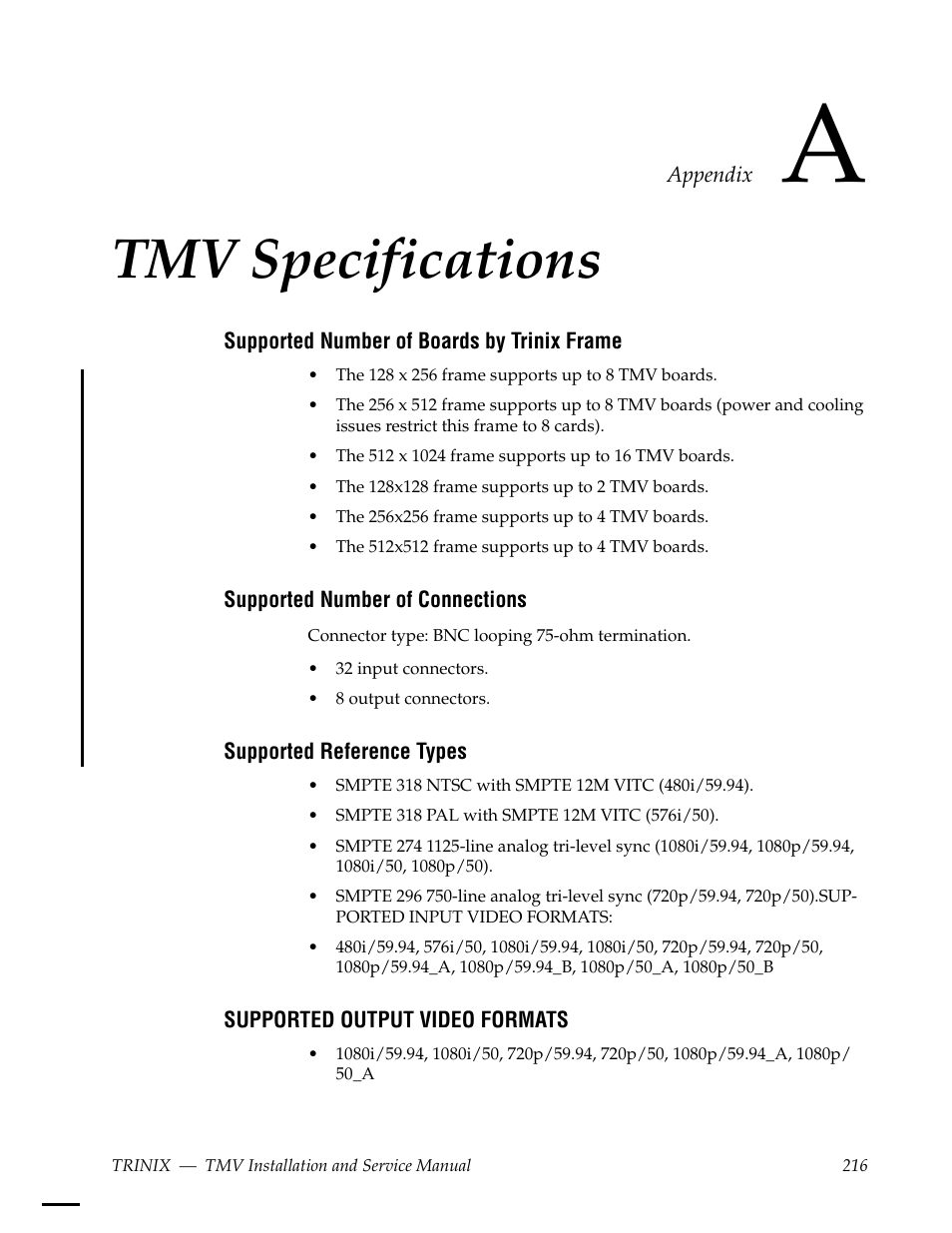 Tmv specifications, Supported number of boards by trinix frame, Supported number of connections | Supported reference types, Supported output video formats, Appendix a — tmv specifications | Grass Valley Trinix Multiviewer Installation User Manual | Page 216 / 223