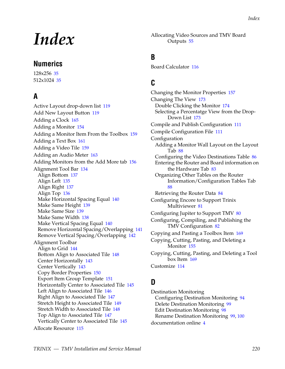 Index, Numerics | Grass Valley Trinix Multiviewer Installation User Manual | Page 220 / 223