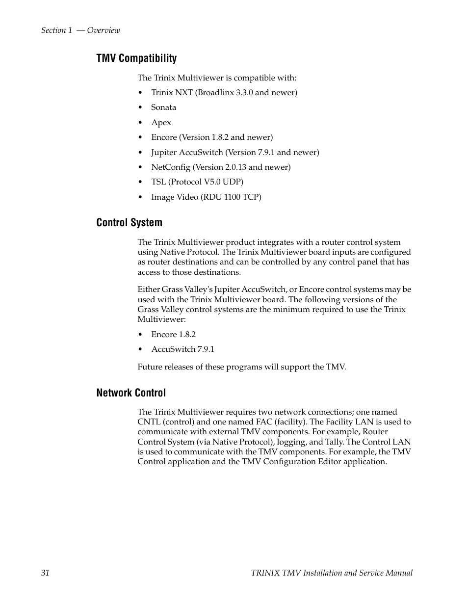 Tmv compatibility, Control system, Network control | Grass Valley Trinix Multiviewer Installation User Manual | Page 31 / 223