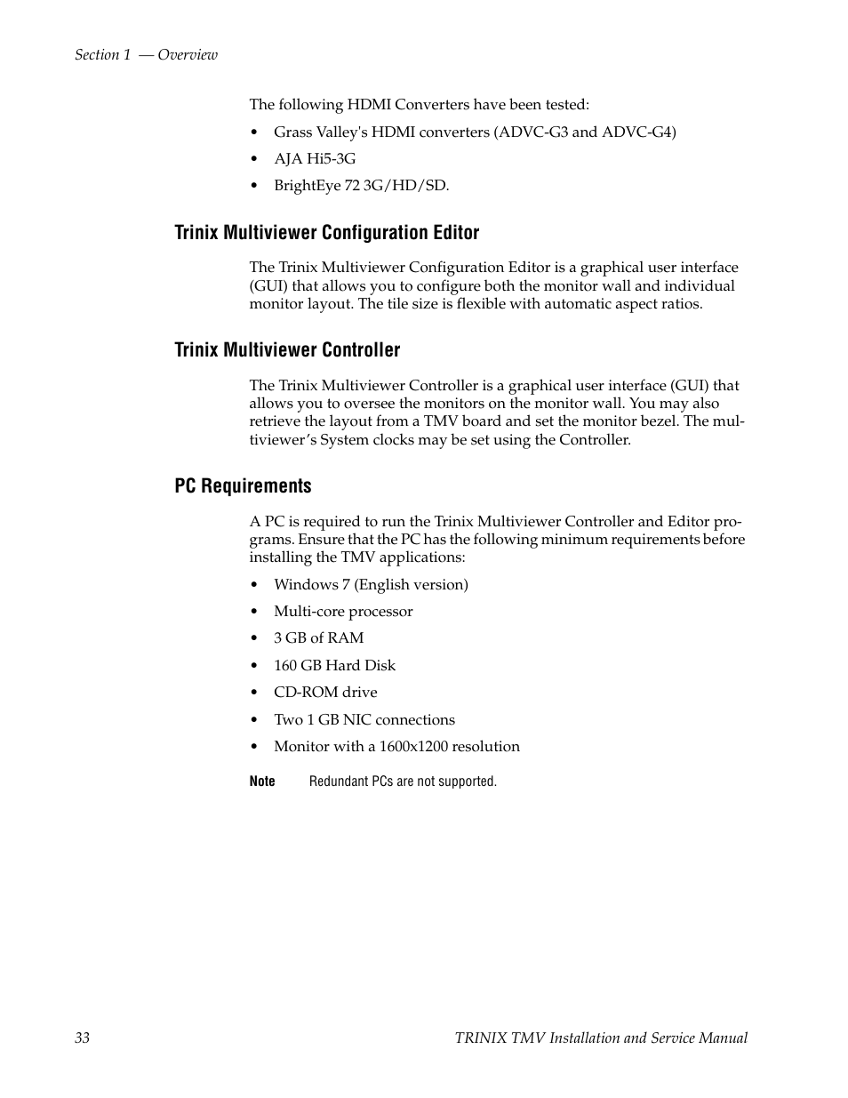 Trinix multiviewer configuration editor, Trinix multiviewer controller, Pc requirements | Grass Valley Trinix Multiviewer Installation User Manual | Page 33 / 223