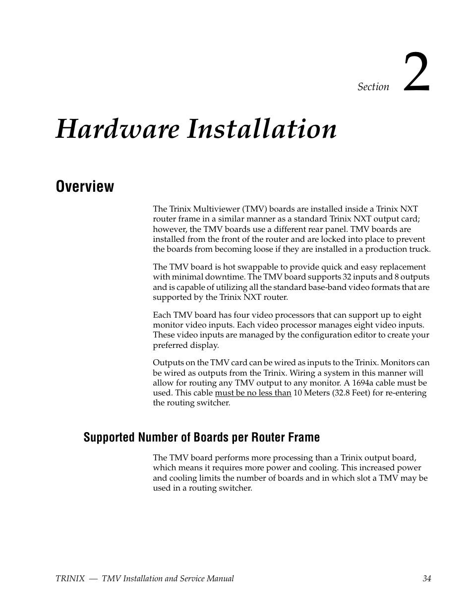 Hardware installation, Overview, Supported number of boards per router frame | Section 2 — hardware installation | Grass Valley Trinix Multiviewer Installation User Manual | Page 34 / 223