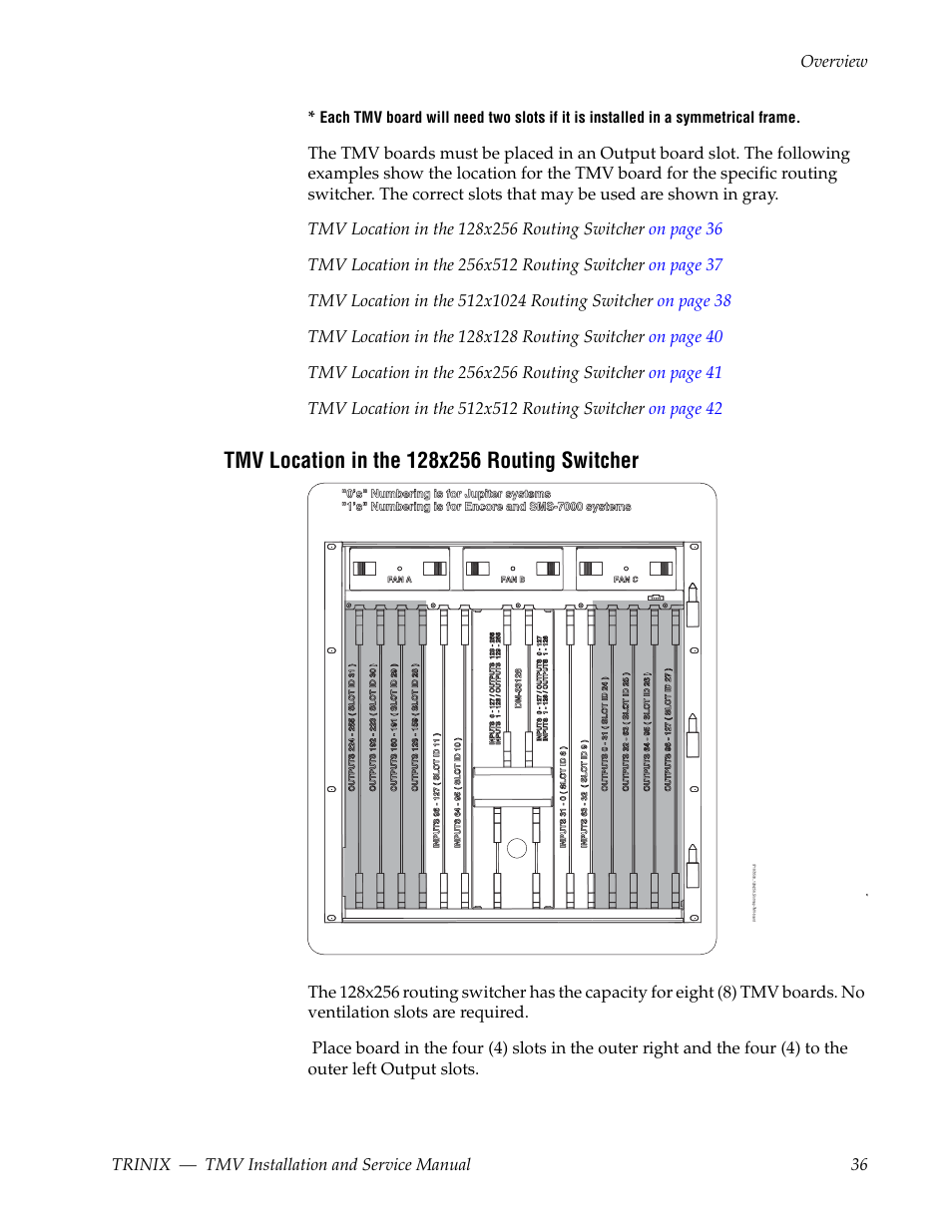 Tmv location in the 128x256 routing switcher | Grass Valley Trinix Multiviewer Installation User Manual | Page 36 / 223
