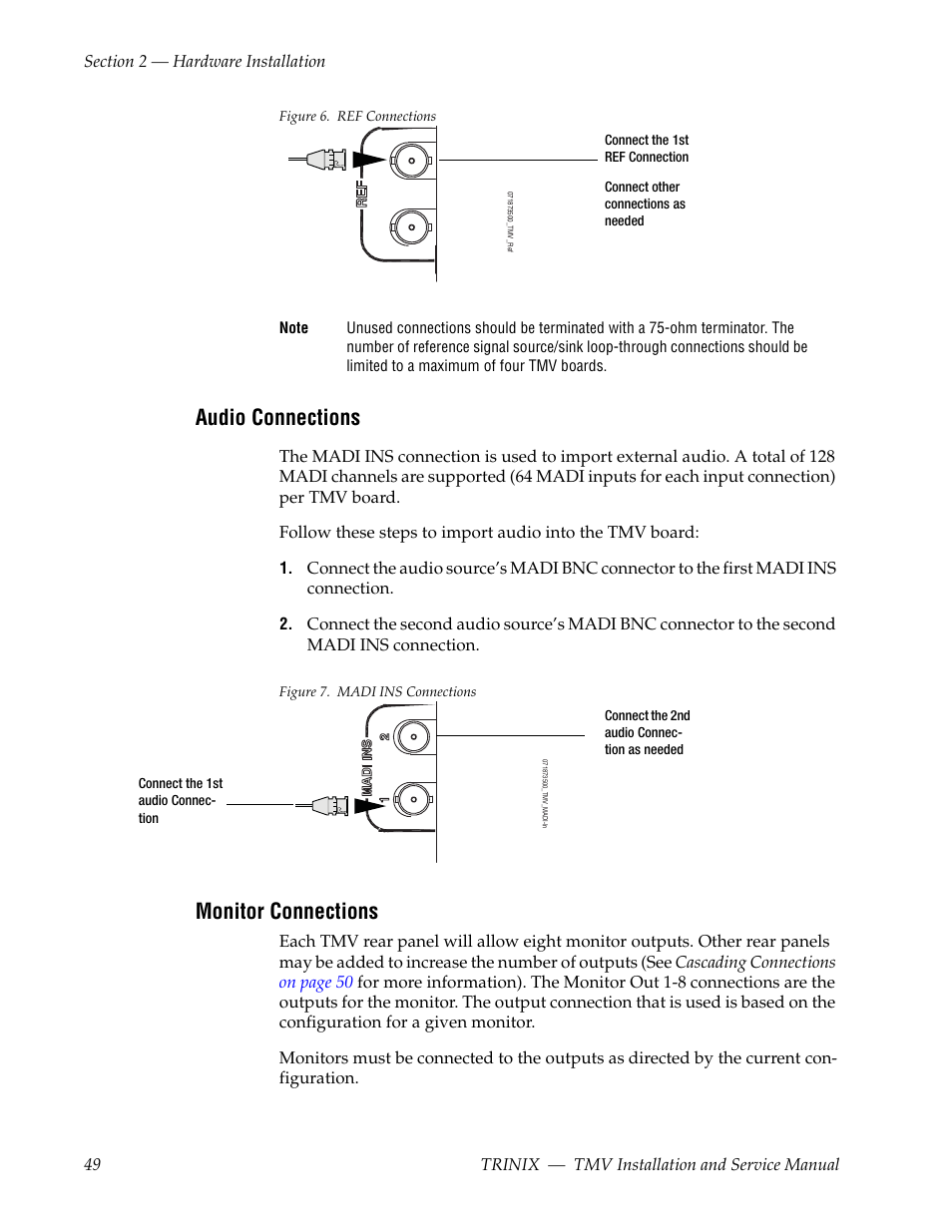 Audio connections, Monitor connections | Grass Valley Trinix Multiviewer Installation User Manual | Page 49 / 223