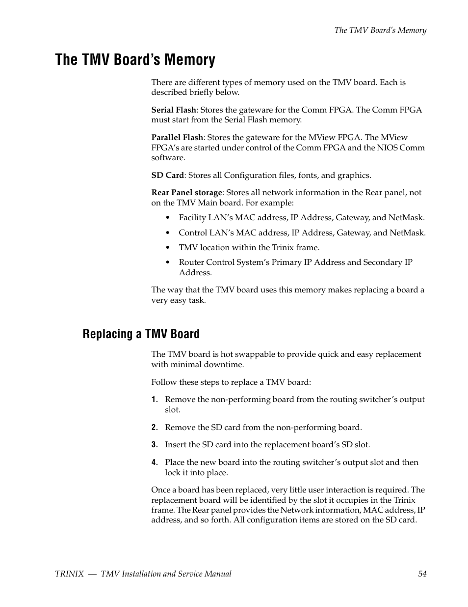 The tmv board’s memory, Replacing a tmv board | Grass Valley Trinix Multiviewer Installation User Manual | Page 54 / 223