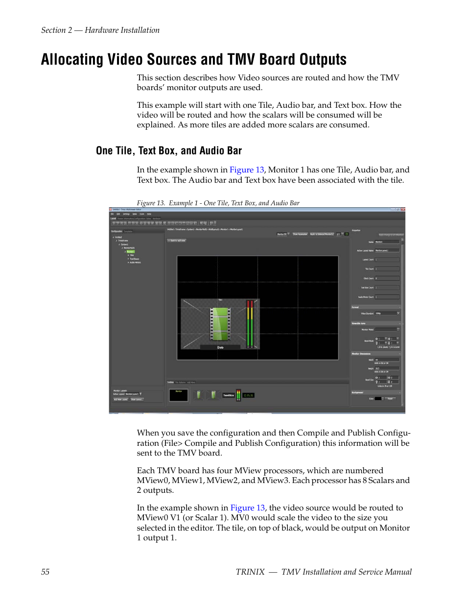 Allocating video sources and tmv board outputs, One tile, text box, and audio bar | Grass Valley Trinix Multiviewer Installation User Manual | Page 55 / 223