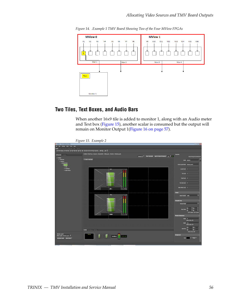Two tiles, text boxes, and audio bars | Grass Valley Trinix Multiviewer Installation User Manual | Page 56 / 223