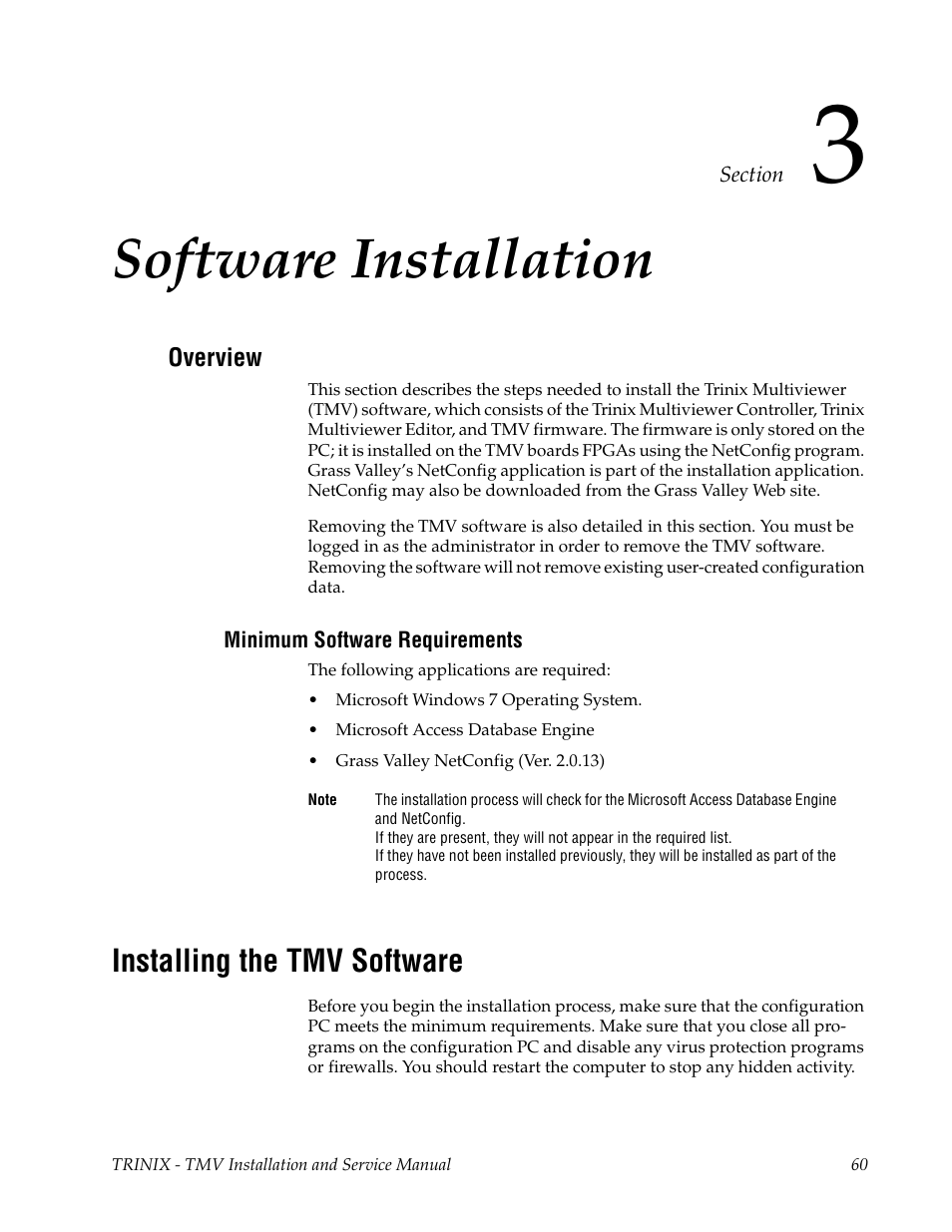 Software installation, Overview, Minimum software requirements | Installing the tmv software, Section 3 — software installation | Grass Valley Trinix Multiviewer Installation User Manual | Page 60 / 223
