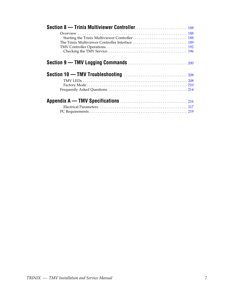 Appendix a — tmv specifications | Grass Valley Trinix Multiviewer Installation User Manual | Page 7 / 223