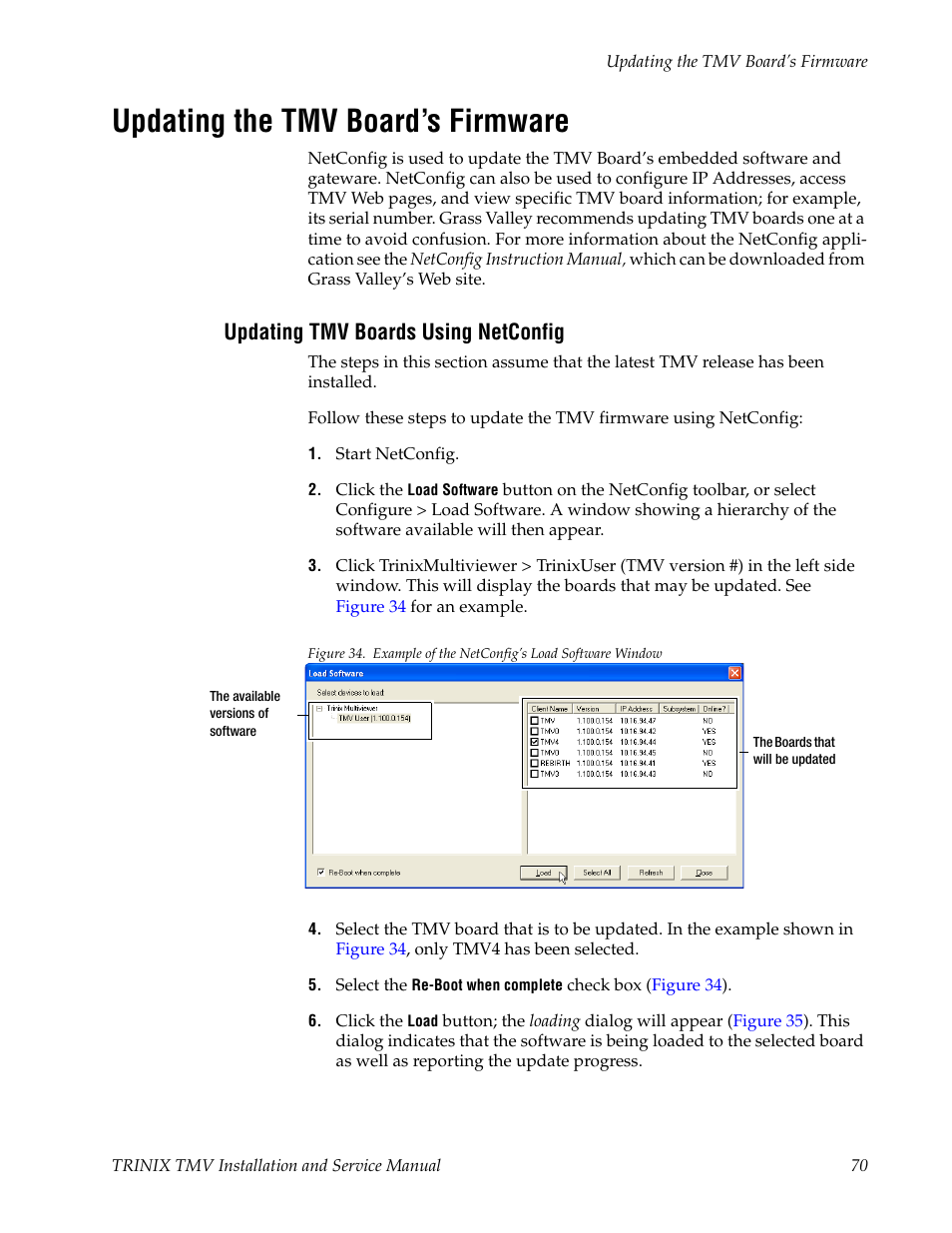Updating the tmv board’s firmware, Updating tmv boards using netconfig | Grass Valley Trinix Multiviewer Installation User Manual | Page 70 / 223