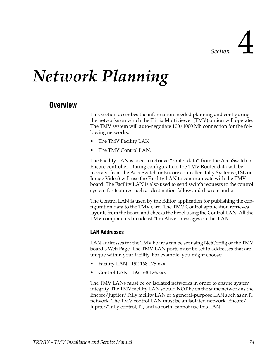 Network planning, Overview, Section 4 — network planning | Grass Valley Trinix Multiviewer Installation User Manual | Page 74 / 223