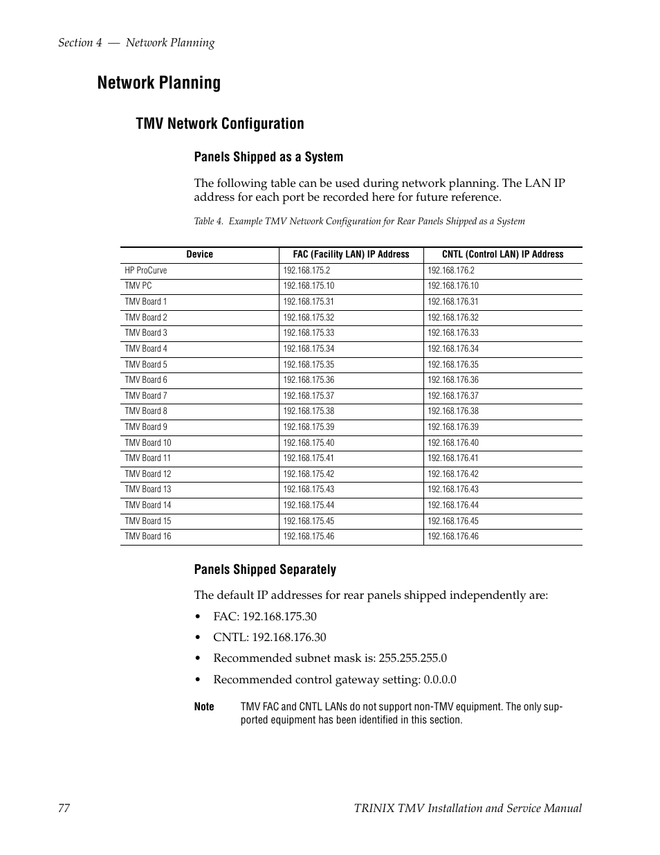 Network planning, Tmv network configuration, Panels shipped as a system | Panels shipped separately | Grass Valley Trinix Multiviewer Installation User Manual | Page 77 / 223