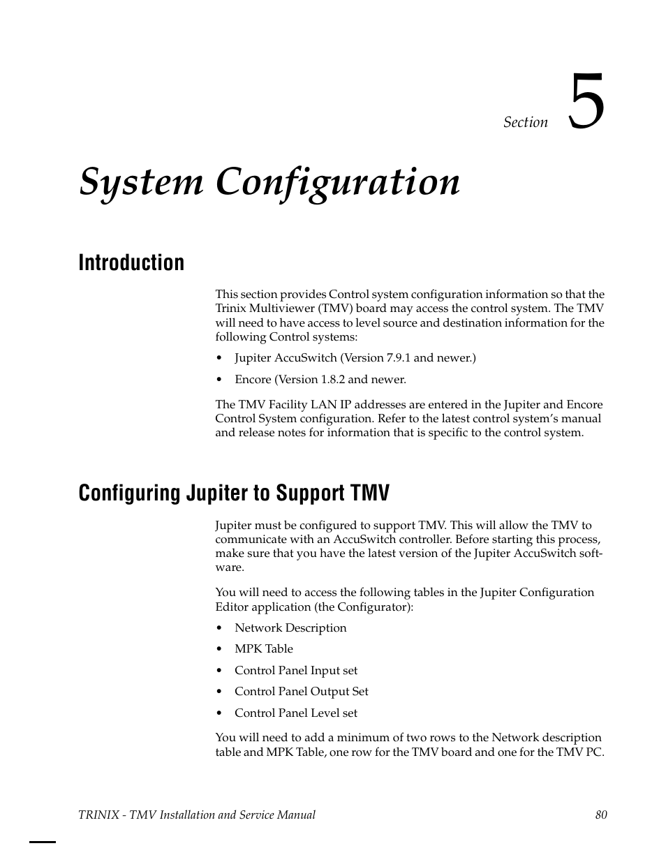 System configuration, Introduction, Configuring jupiter to support tmv | Section 5 — system configuration | Grass Valley Trinix Multiviewer Installation User Manual | Page 80 / 223