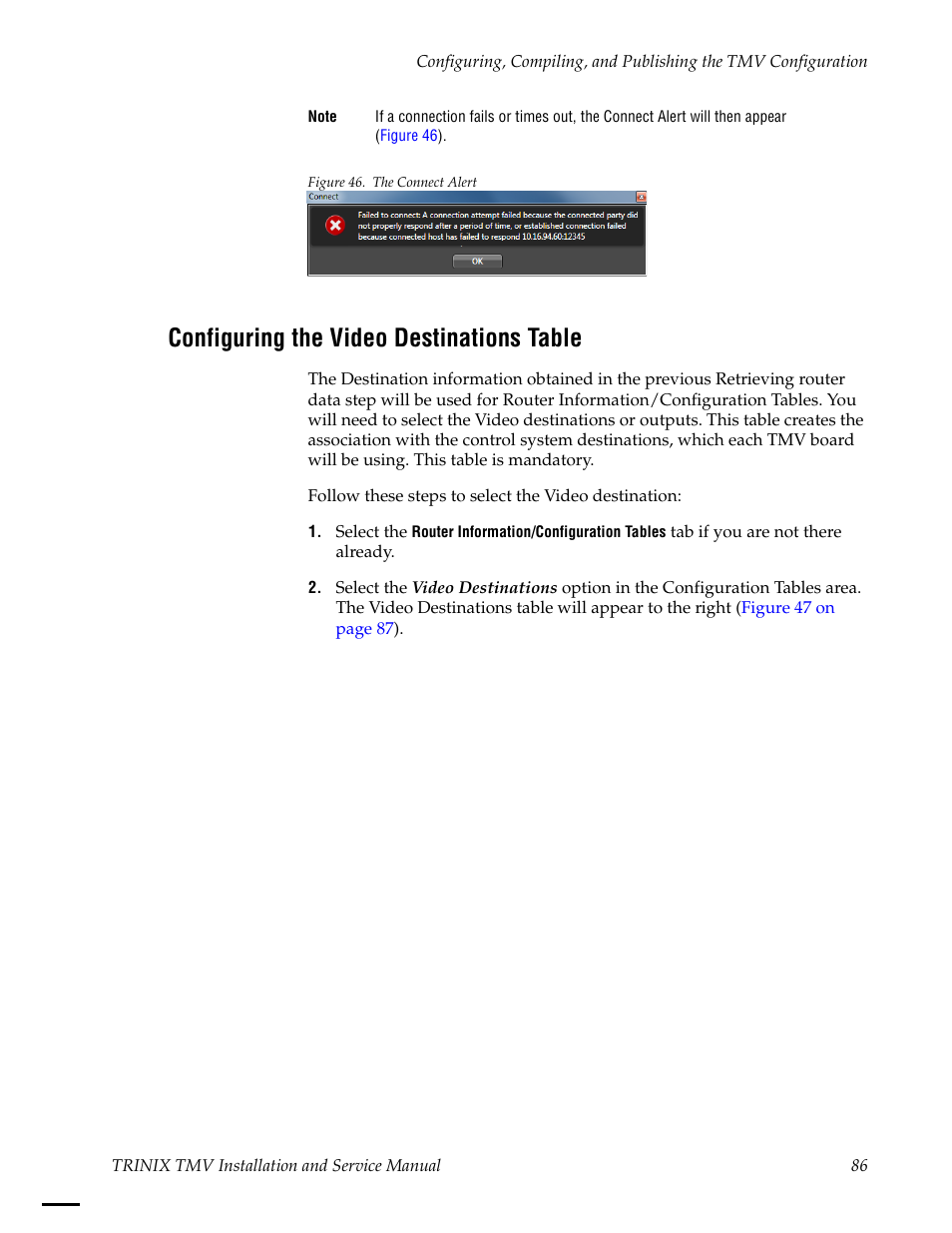Configuring the video destinations table | Grass Valley Trinix Multiviewer Installation User Manual | Page 86 / 223