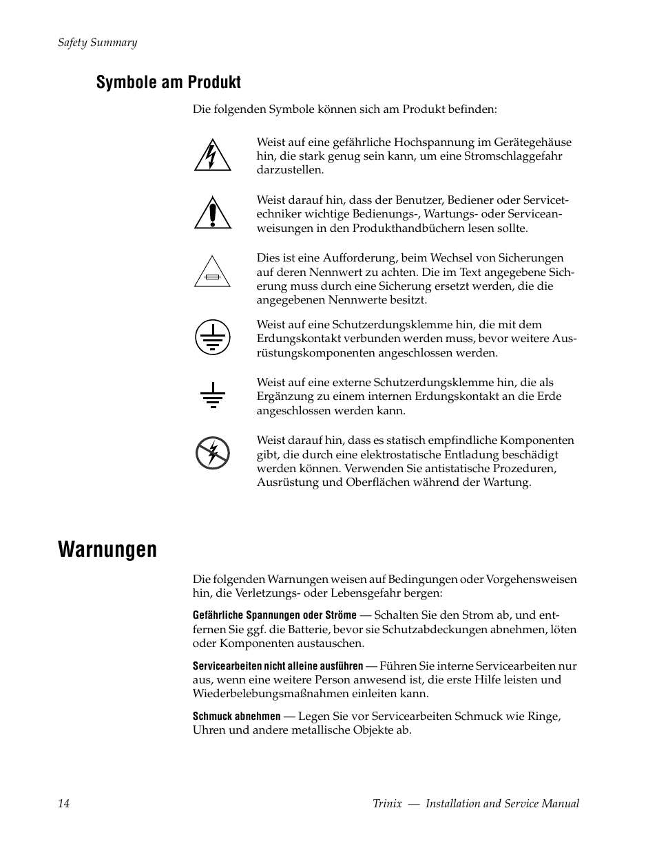 Warnungen, Symbole am produkt | Grass Valley Trinix Back-Up Power Supplies Nov 16 2012 User Manual | Page 14 / 46