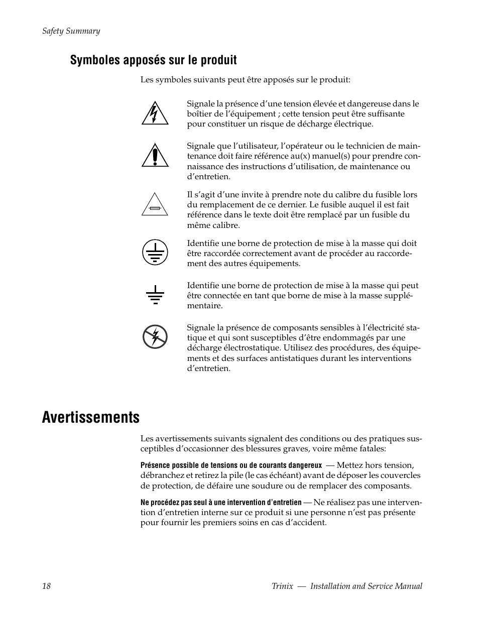 Avertissements, Symboles apposés sur le produit | Grass Valley Trinix Back-Up Power Supplies Nov 16 2012 User Manual | Page 18 / 46
