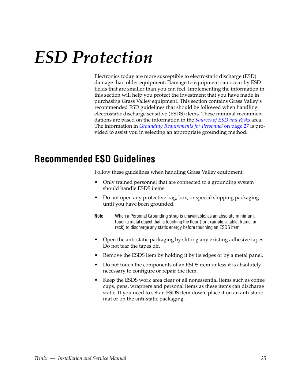 Esd protection, Recommended esd guidelines | Grass Valley Trinix Back-Up Power Supplies Nov 16 2012 User Manual | Page 25 / 46