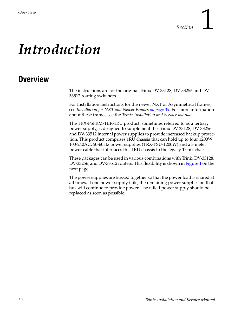 Introduction, Overview, Section 1 — introduction | Grass Valley Trinix Back-Up Power Supplies Nov 16 2012 User Manual | Page 29 / 46