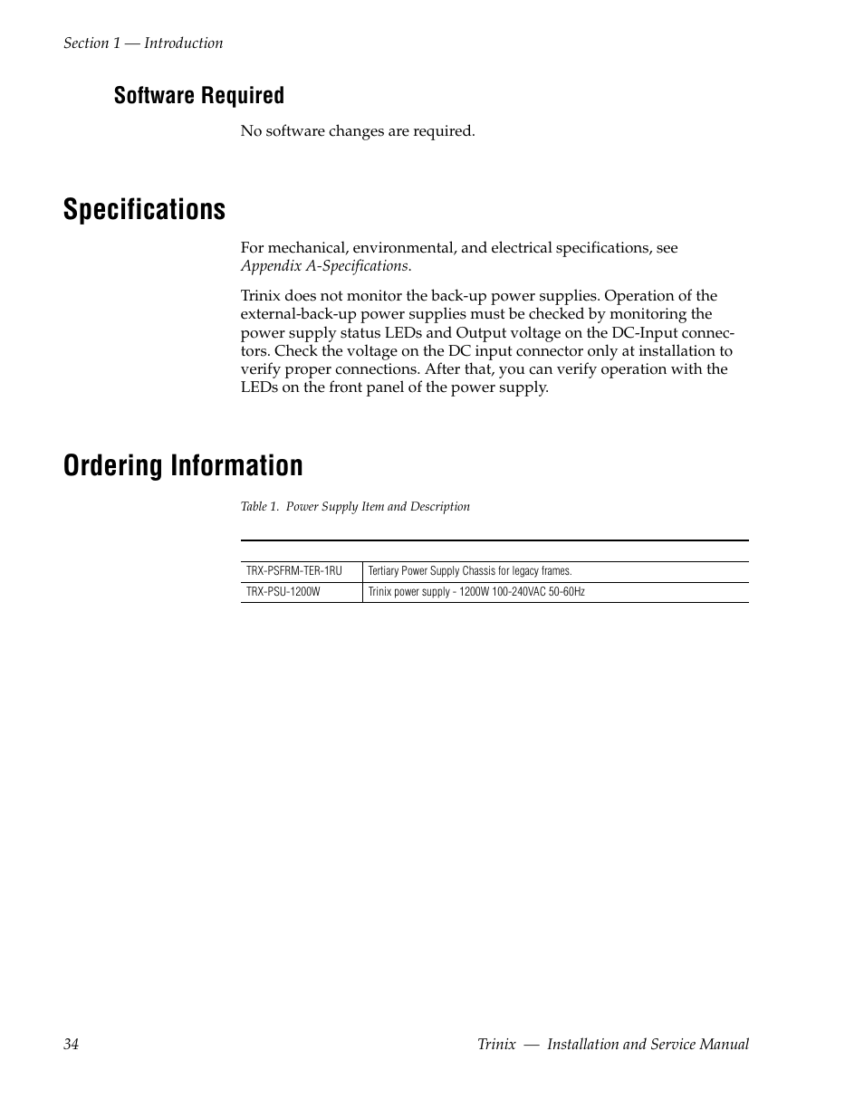 Software required, Specifications, Ordering information | Grass Valley Trinix Back-Up Power Supplies Nov 16 2012 User Manual | Page 34 / 46