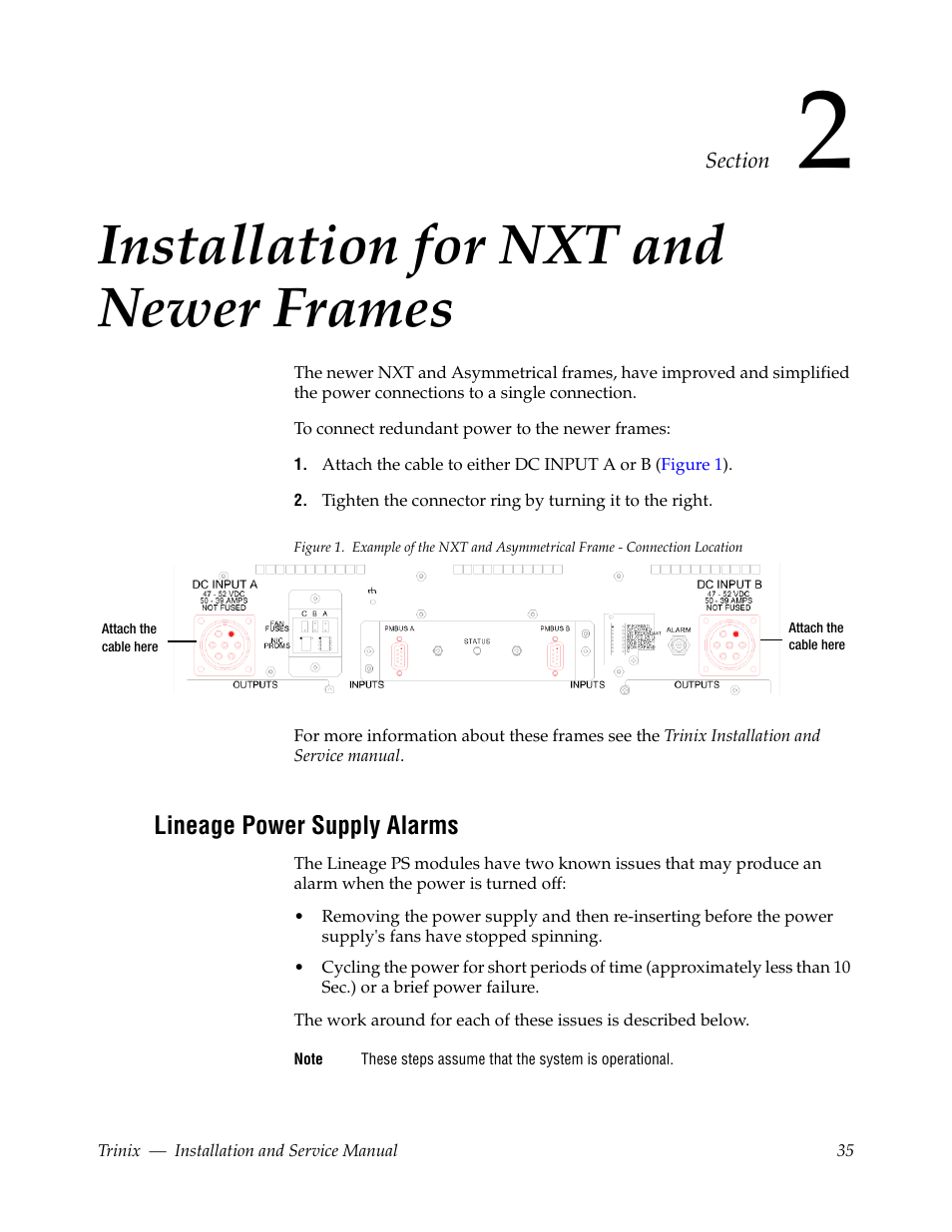 Installation for nxt and newer frames, Lineage power supply alarms, Section 2 — installation for nxt and newer frames | Grass Valley Trinix Back-Up Power Supplies Nov 16 2012 User Manual | Page 35 / 46