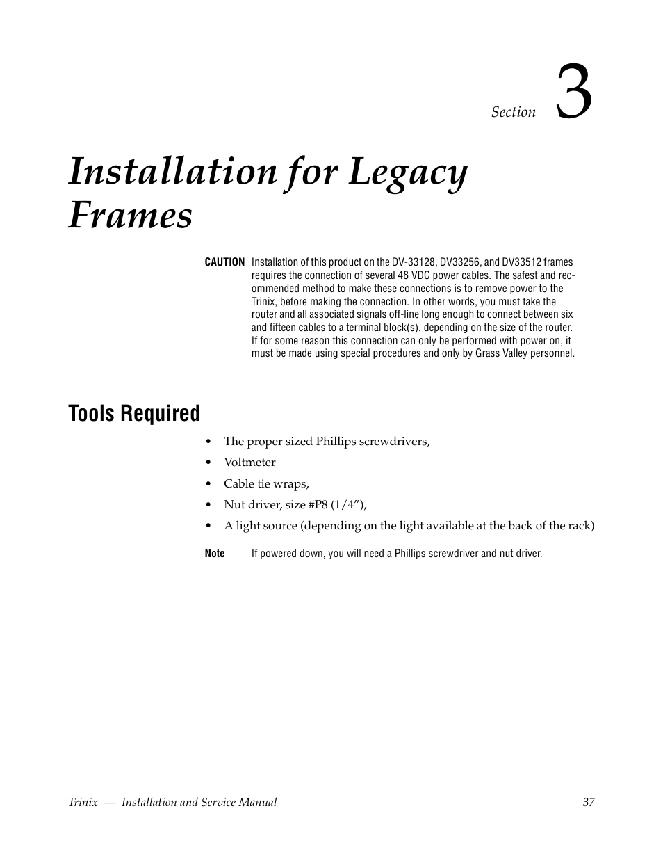 Installation for legacy frames, Tools required, Section 3 — installation for legacy frames | Grass Valley Trinix Back-Up Power Supplies Nov 16 2012 User Manual | Page 37 / 46